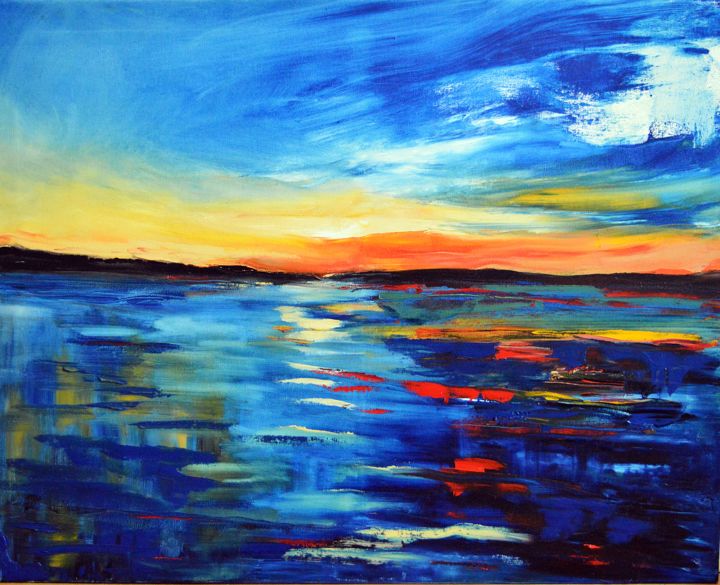 Peinture intitulée "Couleurs sur l'eau…" par Mjg Artiste Peintre, Œuvre d'art originale, Huile