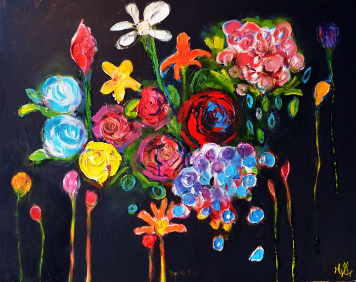 Pintura intitulada "Funky bouquet 1" por Mjg Artiste Peintre, Obras de arte originais, Acrílico