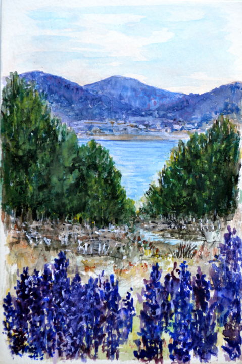 Painting titled "Le lac de MATEMALE" by Marie-Josée Reyes, Original Artwork, Watercolor