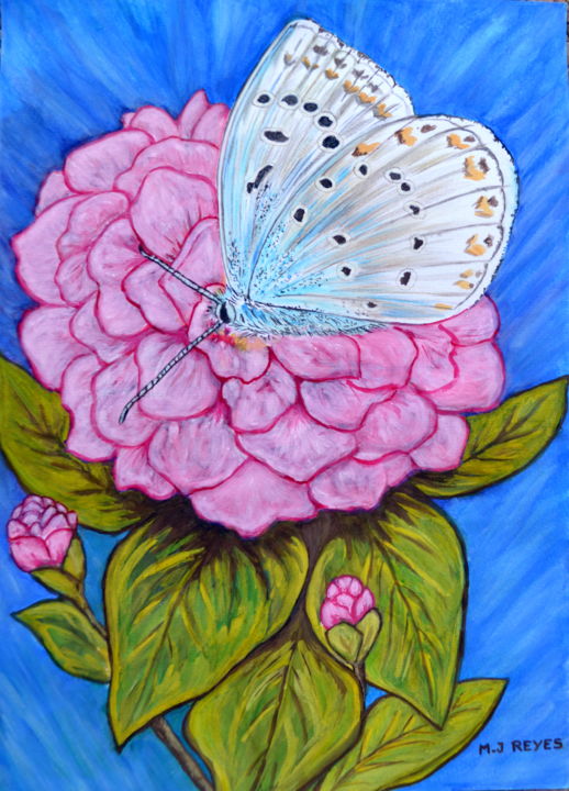 Painting titled "Camélia et papillon" by Marie-Josée Reyes, Original Artwork, Watercolor