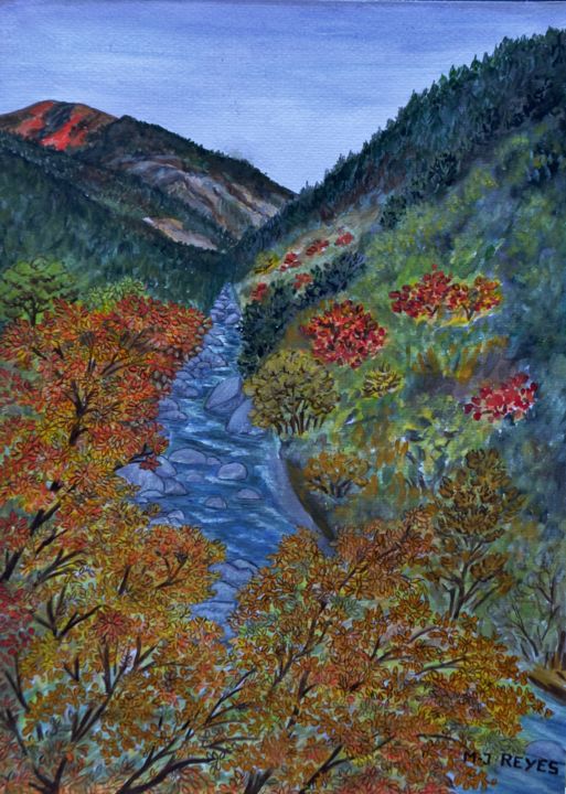 Pintura intitulada "Couleurs d'automne…" por Marie-Josée Reyes, Obras de arte originais, Aquarela