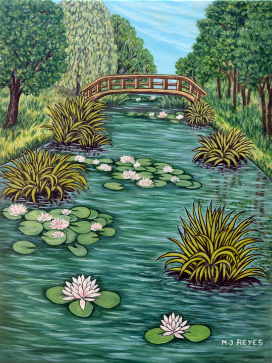 Painting titled "Le ruisseau aux nén…" by Marie-Josée Reyes, Original Artwork, Oil Mounted on Wood Stretcher frame