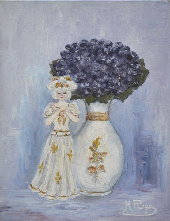 Pintura intitulada "Bouquet de violettes" por Marie-Josée Reyes, Obras de arte originais, Óleo Montado em Armação em madeira