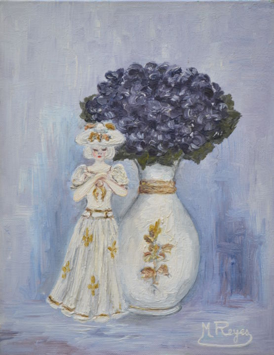 Painting titled "Bouquet de violettes" by Marie-Josée Reyes, Original Artwork, Oil Mounted on Wood Stretcher frame