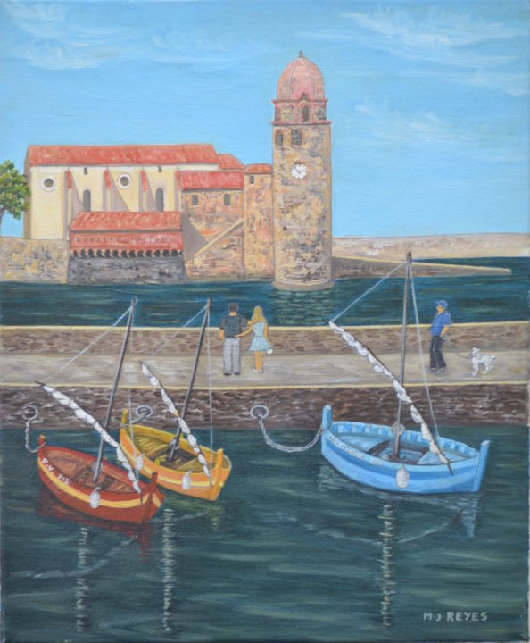 Painting titled "Collioure" by Marie-Josée Reyes, Original Artwork, Oil Mounted on Wood Stretcher frame