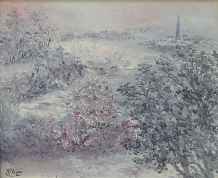 Картина под названием "Le paysage de neige" - Marie-Josée Reyes, Подлинное произведение искусства, Масло