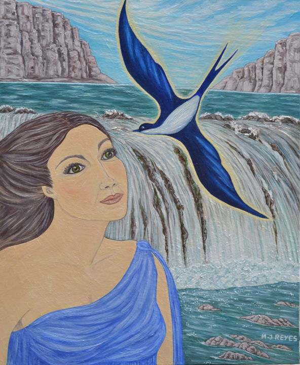 제목이 "L'oiseau bleu"인 미술작품 Marie-Josée Reyes로, 원작, 기름 나무 들것 프레임에 장착됨