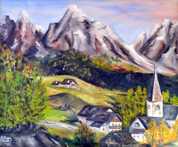 Painting titled "Hameau de montagne" by Marie-Josée Reyes, Original Artwork, Oil