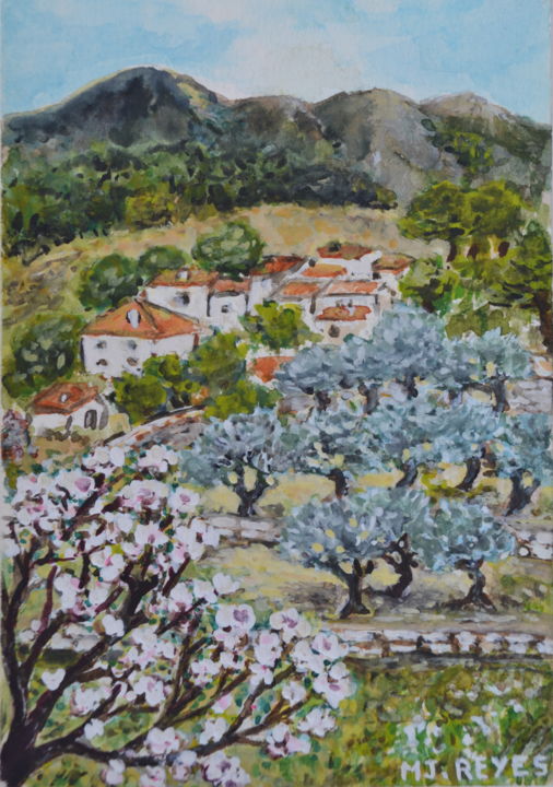 Painting titled "Champ d'oliviers" by Marie-Josée Reyes, Original Artwork, Watercolor