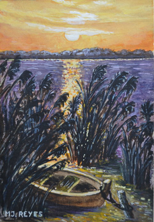 Peinture intitulée "Barque dans les ros…" par Marie-Josée Reyes, Œuvre d'art originale, Aquarelle