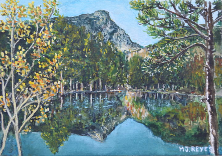 Malerei mit dem Titel "Le lac de Balcères" von Marie-Josée Reyes, Original-Kunstwerk, Aquarell