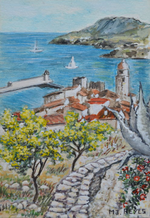 「Collioure vue de la…」というタイトルの絵画 Marie-Josée Reyesによって, オリジナルのアートワーク, 水彩画