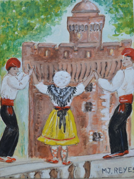 Ζωγραφική με τίτλο "La Sardane devant l…" από Marie-Josée Reyes, Αυθεντικά έργα τέχνης, Ακουαρέλα