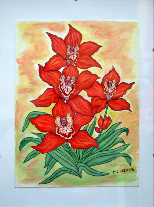 Pintura intitulada "Orchidées exotiques…" por Marie-Josée Reyes, Obras de arte originais