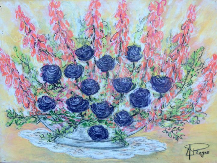 Painting titled "coupe de fleurs, ro…" by Marie-Josée Reyes, Original Artwork, Pastel