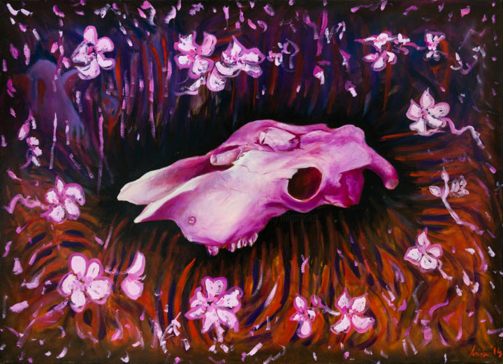 Painting titled "Pink Skull" by Mk Anisko, Original Artwork, Oil