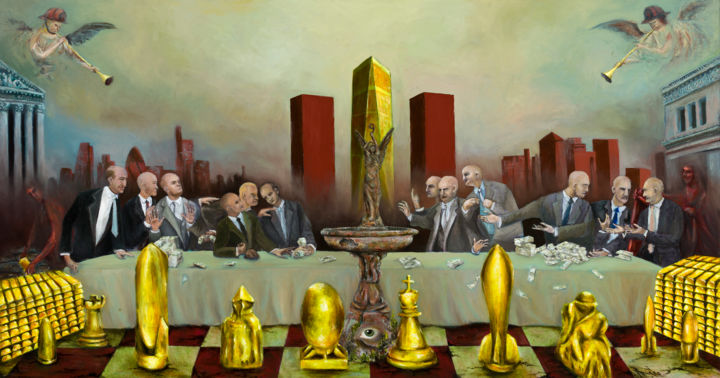 Schilderij getiteld "The Last Supper on…" door Mk Anisko, Origineel Kunstwerk, Olie