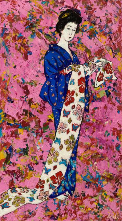 Painting titled "Woman in Summer Kim…" by Mk Anisko, Original Artwork, Oil Mounted on Wood Panel