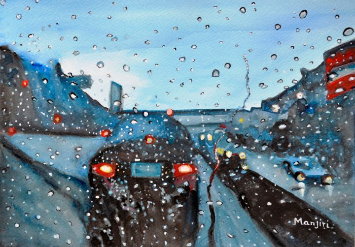 Malerei mit dem Titel "Long drive on Highw…" von Artbymanjiri, Original-Kunstwerk, Aquarell
