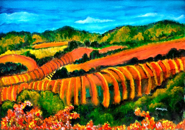 Painting titled "Colorful landscape…" by Artbymanjiri, Original Artwork, Watercolor