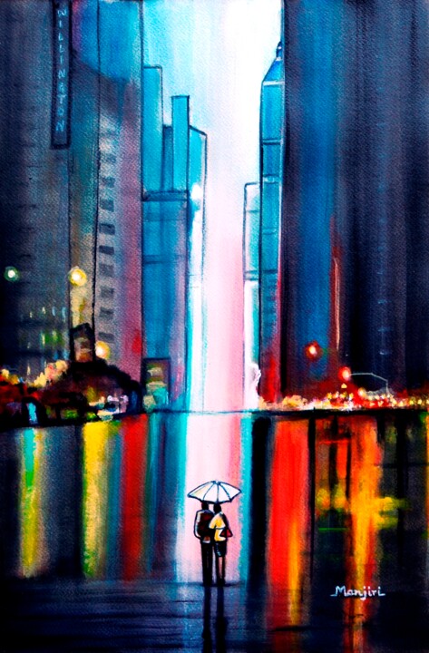 Painting titled "Romantic rainy walk…" by Artbymanjiri, Original Artwork, Acrylic