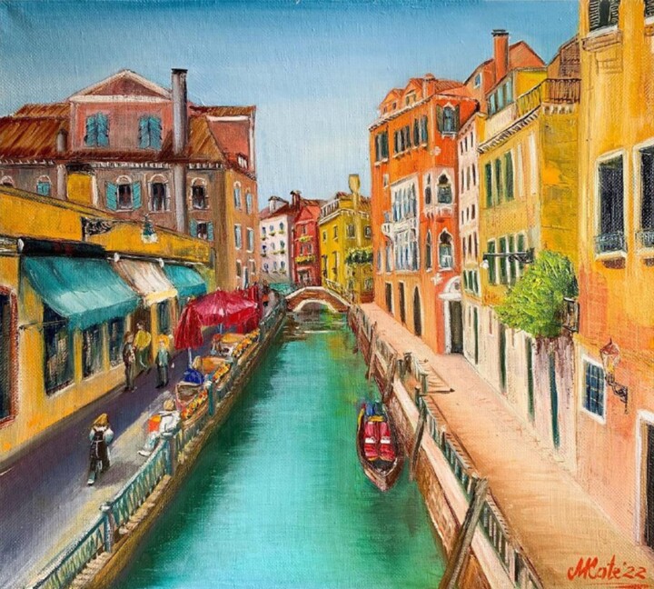 Painting titled "Sunny Venice" by Mkate, Original Artwork, Oil Mounted on Wood Stretcher frame
