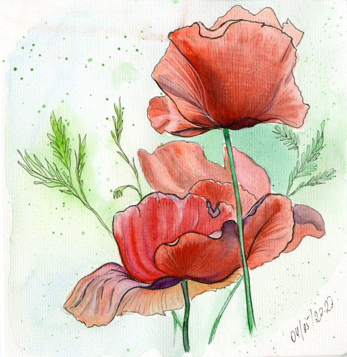 Painting titled "Poppies in the field" by Mkate, Original Artwork, Watercolor