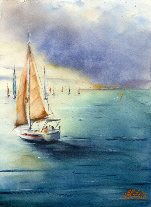 Painting titled "Sailing regatta" by Mkate, Original Artwork, Watercolor