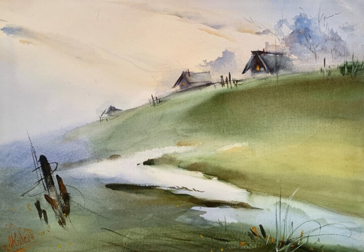 Pintura intitulada "Morning in the vill…" por Mkate, Obras de arte originais, Aquarela