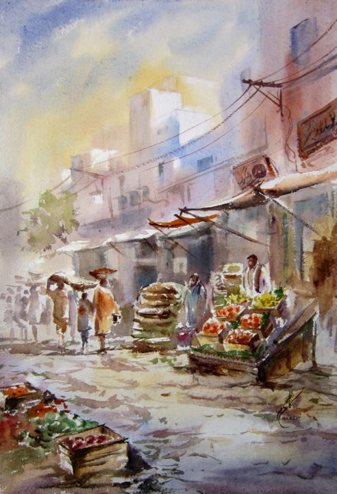 Painting titled "sabzi mandi" by M Kazmi, Original Artwork, Watercolor