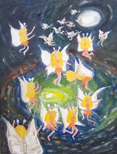 Malerei mit dem Titel "Dance of the Elves" von Maggie, Original-Kunstwerk, Öl