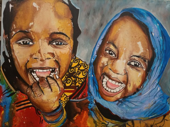 Painting titled "Laughing children p…" by Jafeth Moiane, Original Artwork, Acrylic