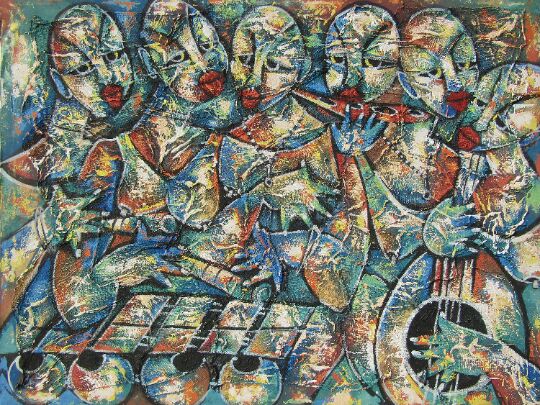 Pintura intitulada "Female musicians" por Jafeth Moiane, Obras de arte originais, Óleo