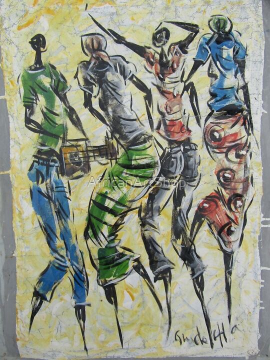 Painting titled "African rural peopl…" by Jafeth Moiane, Original Artwork, Oil