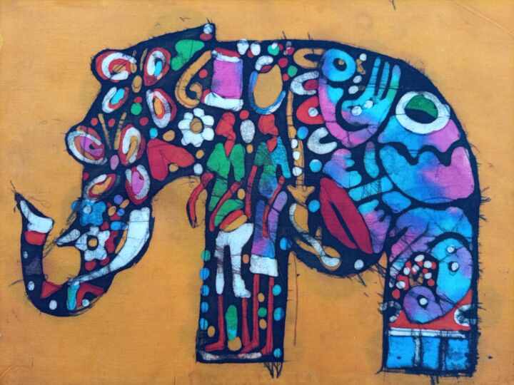 Painting titled "Elephant and Rural…" by Jafeth Moiane, Original Artwork, Wax