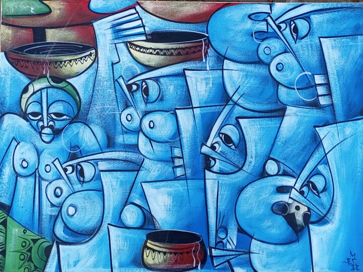 Painting titled "African village peo…" by Jafeth Moiane, Original Artwork, Acrylic