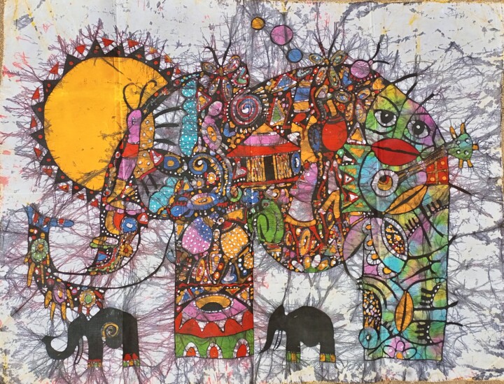 Pittura intitolato "The elephants, larg…" da Jafeth Moiane, Opera d'arte originale, Cera