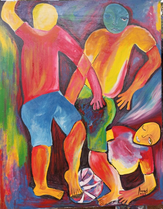 Malerei mit dem Titel "Football, the beaut…" von Jafeth Moiane, Original-Kunstwerk, Acryl