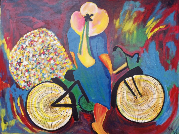 Malerei mit dem Titel "Woman on bicycle pa…" von Jafeth Moiane, Original-Kunstwerk, Acryl