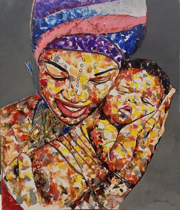Painting titled "Black mother and ch…" by Jafeth Moiane, Original Artwork, Acrylic