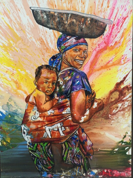 Painting titled "African mother carr…" by Jafeth Moiane, Original Artwork, Acrylic