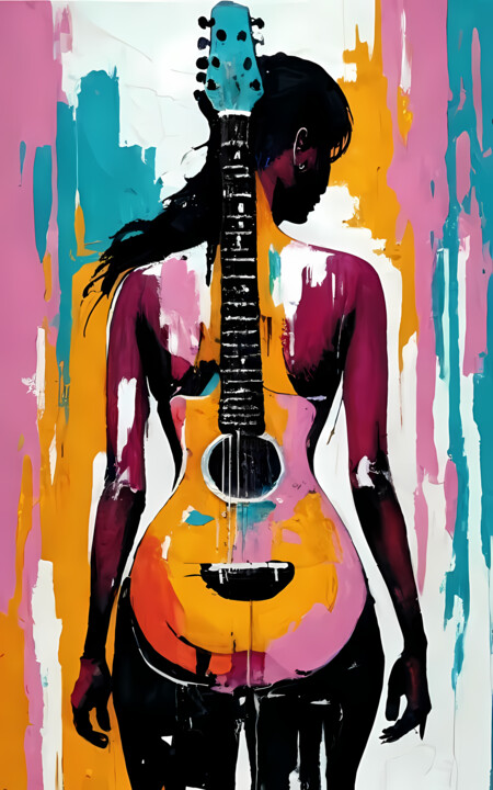 Painting titled "Woman and guitar: A…" by Jafeth Moiane, Original Artwork, Acrylic