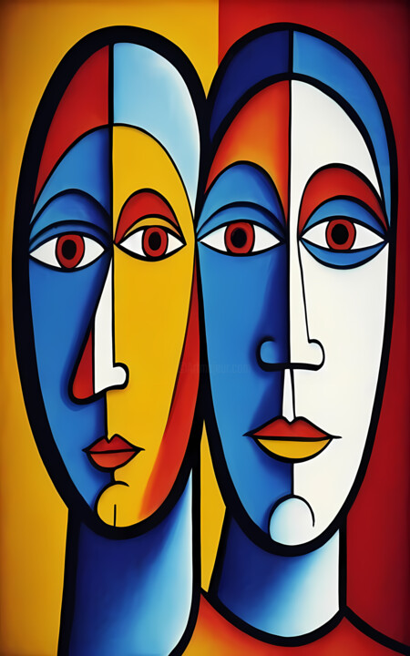 Painting titled "Couple in geometric…" by Jafeth Moiane, Original Artwork, Acrylic