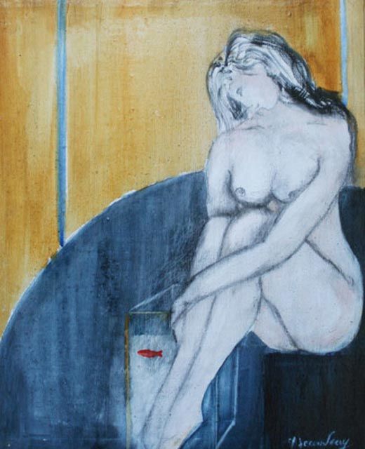 Painting titled "Nu au poisson rouge" by Martine Lecouvreux, Original Artwork, Oil
