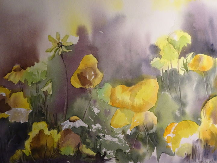 Painting titled "Flores do campo" by Maria Lurdes Couto, Original Artwork, Watercolor