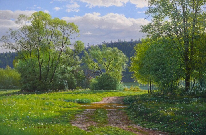 Painting titled "Road to the river" by Emil Mlynarcik, Original Artwork, Oil Mounted on Wood Stretcher frame