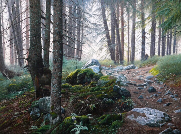 Pittura intitolato "Forest path No.2" da Emil Mlynarcik, Opera d'arte originale, Olio Montato su Telaio per barella in legno