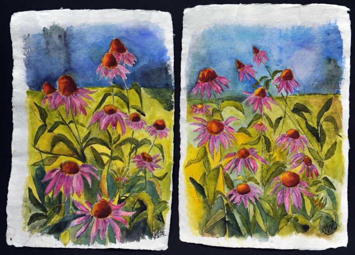 Ζωγραφική με τίτλο "Cone flower diptych" από Marina Marinopoulos, Αυθεντικά έργα τέχνης, Ακουαρέλα