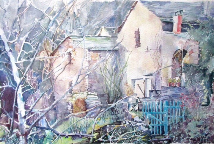 Peinture intitulée "Le portail bleu" par Mireille Martinelli, Œuvre d'art originale, Aquarelle