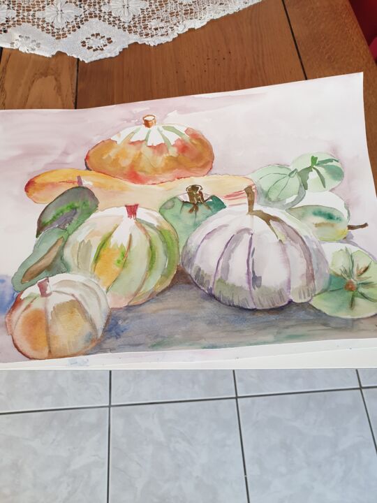 Peinture intitulée "Melon et courges" par Muguette Maurcot, Œuvre d'art originale, Aquarelle